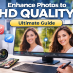 Enhance photos to HD quality concept showing before and after image comparison on a computer screen with editing tools and camera setup