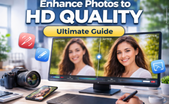 Enhance photos to HD quality concept showing before and after image comparison on a computer screen with editing tools and camera setup