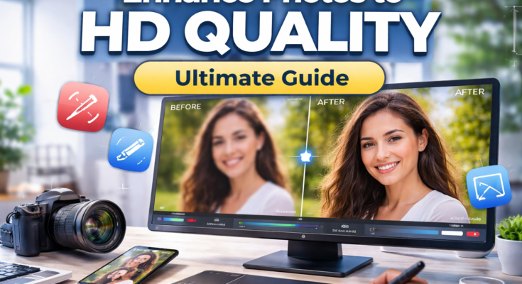 Enhance photos to HD quality concept showing before and after image comparison on a computer screen with editing tools and camera setup
