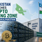 Illustration of Uzbekistan launching a crypto mining zone in Karakalpakstan featuring Bitcoin mining servers, renewable energy sources, and the Uzbekistan flag. Title: