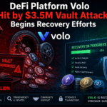 Graphic showing DeFi platform Volo suffering a $3.5 million vault attack with hacker visuals, crypto coins, and recovery progress dashboard.