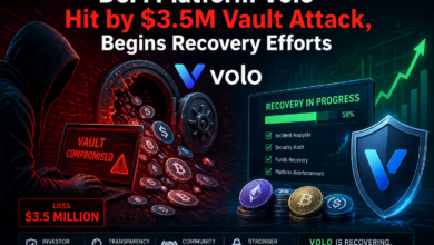 Graphic showing DeFi platform Volo suffering a $3.5 million vault attack with hacker visuals, crypto coins, and recovery progress dashboard.