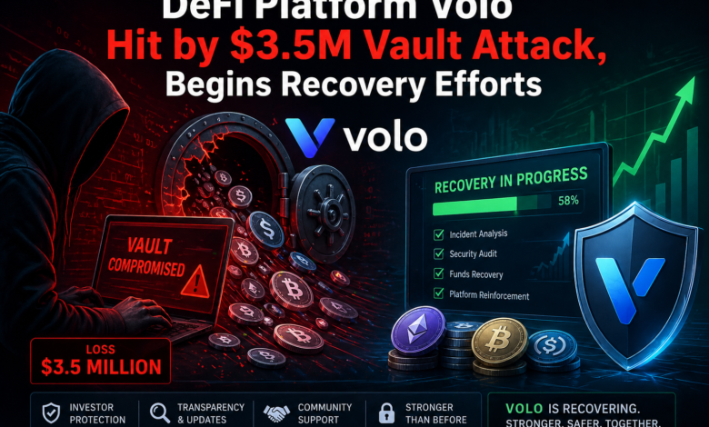 Graphic showing DeFi platform Volo suffering a $3.5 million vault attack with hacker visuals, crypto coins, and recovery progress dashboard.