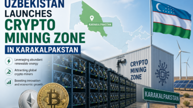 Illustration of Uzbekistan launching a crypto mining zone in Karakalpakstan featuring Bitcoin mining servers, renewable energy sources, and the Uzbekistan flag. Title: