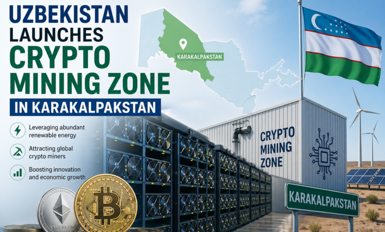 Illustration of Uzbekistan launching a crypto mining zone in Karakalpakstan featuring Bitcoin mining servers, renewable energy sources, and the Uzbekistan flag. Title: