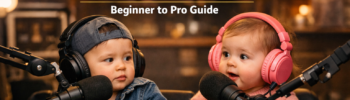 Two cute babies wearing headphones sitting in a podcast studio, speaking into microphones while recording a baby podcast video.