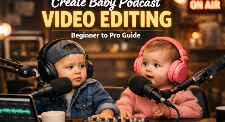 Two cute babies wearing headphones sitting in a podcast studio, speaking into microphones while recording a baby podcast video.
