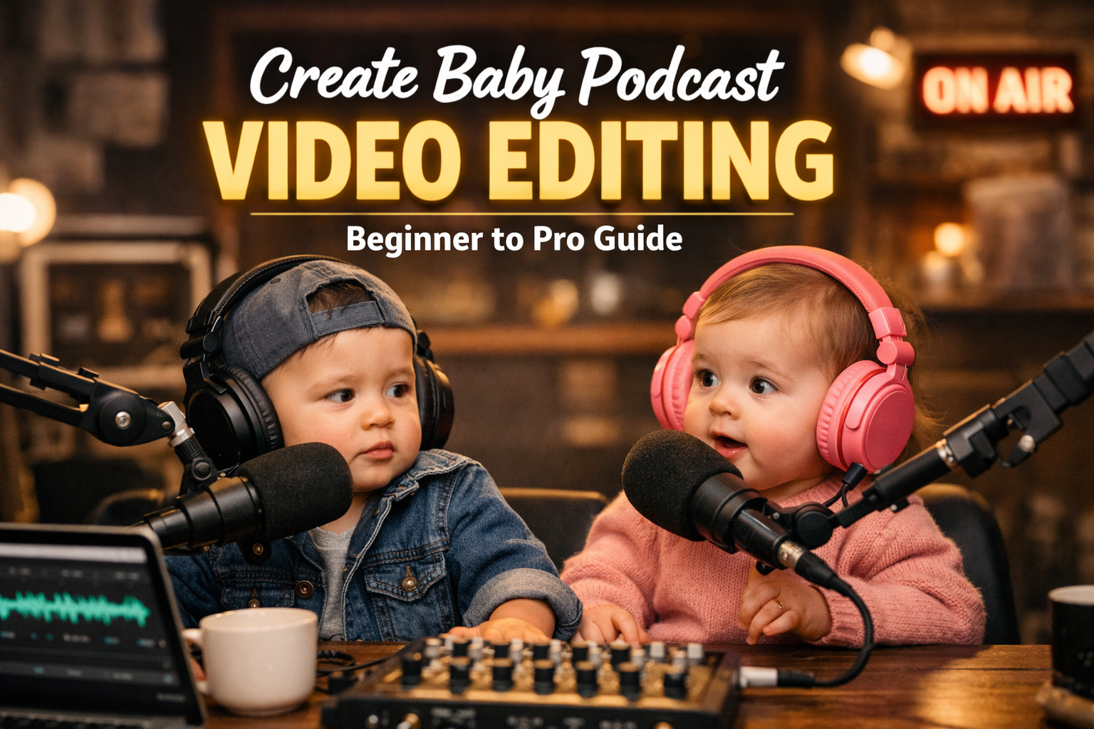 Two cute babies wearing headphones sitting in a podcast studio, speaking into microphones while recording a baby podcast video.