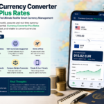 Currency Converter Plus Rates app interface showing real-time exchange rates with global travel elements like passport, coins, and airplane