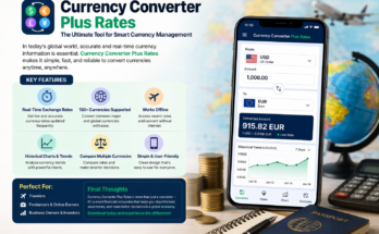 Currency Converter Plus Rates app interface showing real-time exchange rates with global travel elements like passport, coins, and airplane
