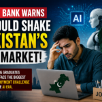 llustration showing artificial intelligence, a young Pakistani job seeker, and the World Bank, highlighting concerns that AI adoption could affect Pakistan's job market and future employment opportunities.