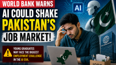 llustration showing artificial intelligence, a young Pakistani job seeker, and the World Bank, highlighting concerns that AI adoption could affect Pakistan's job market and future employment opportunities.