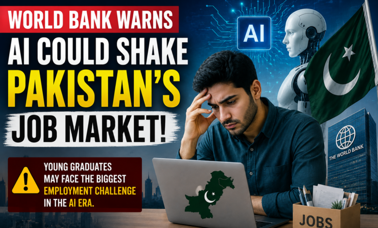 llustration showing artificial intelligence, a young Pakistani job seeker, and the World Bank, highlighting concerns that AI adoption could affect Pakistan's job market and future employment opportunities.