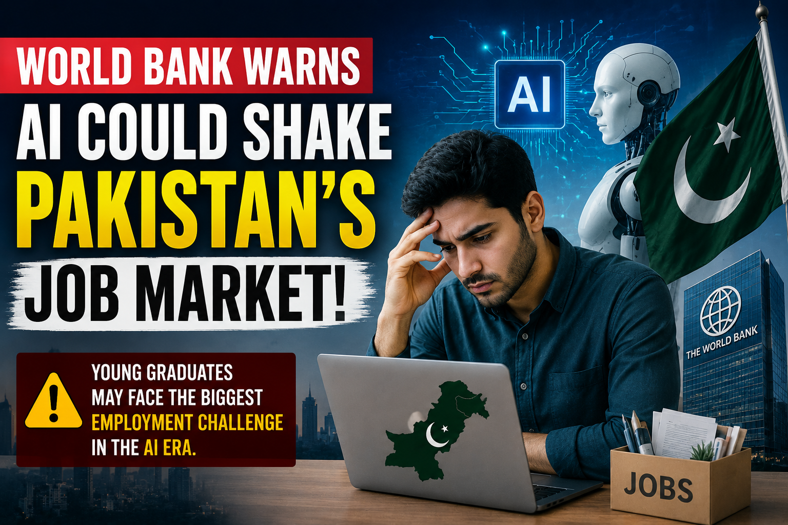 llustration showing artificial intelligence, a young Pakistani job seeker, and the World Bank, highlighting concerns that AI adoption could affect Pakistan's job market and future employment opportunities.