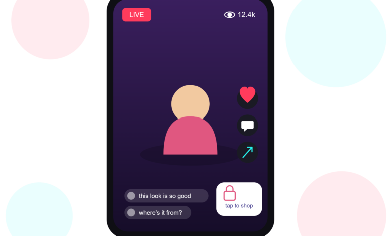 TikTok Live streaming interface showing a live video, viewer count, and in-app shopping tag